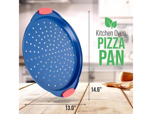 NutriChef Non-Stick Pizza Pan, Deluxe Blue Coating with Red Silicone Handles, Carbon Steel, 14.56'' x 12.99'' x 0.78'' - BKNCSBSBL8PIZZAP