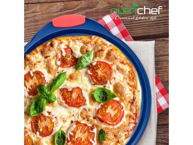 NutriChef Non-Stick Pizza Pan, Deluxe Blue Coating with Red Silicone Handles, Carbon Steel, 14.56'' x 12.99'' x 0.78'' - BKNCSBSBL8PIZZAP