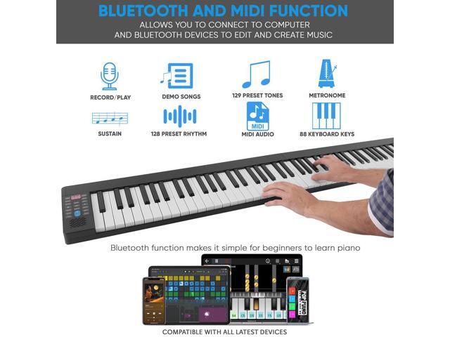Pyle Portable Foldable Piano Keyboard, 88 Keys, Bluetooth MIDI, 129 Tones, Record & Playback, with Built-In Stereo Speakers, Sustain Pedal, & Bag -...