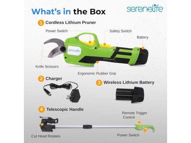 SereneLife Cordless Lithium Pruner with Telescopic Handle, 7.2V Lithium-Ion Battery, Ideal for Bushes, Roses, Woody Stems, and Branches