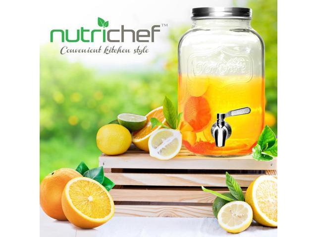 NutriChef 1-Gallon Glass Beverage Dispenser with Stainless Steel Tap, Spigot & Metal Lid, Plastic Infuser - NCDISG1