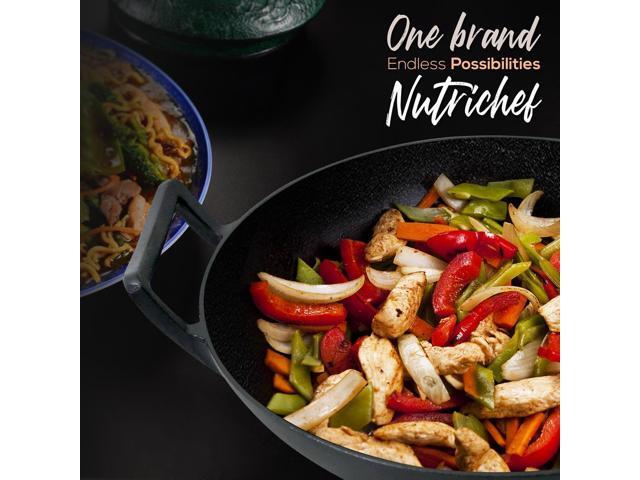 NutriChef Cast Iron Wok - 5.8+ Quart Pre-Seasoned Stir Fry Wok with Wooden Lid & Silicone Mitt - NCCIWOK60