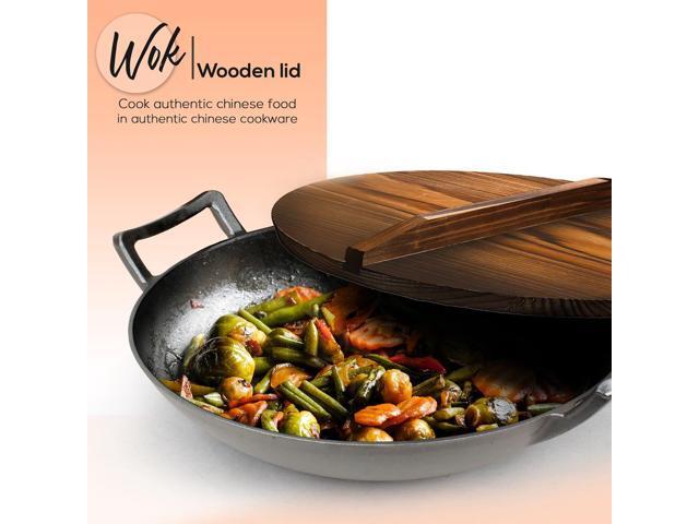 NutriChef Cast Iron Wok - 5.8+ Quart Pre-Seasoned Stir Fry Wok with Wooden Lid & Silicone Mitt - NCCIWOK60