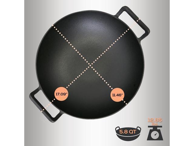 NutriChef Cast Iron Wok - 5.8+ Quart Pre-Seasoned Stir Fry Wok with Wooden Lid & Silicone Mitt - NCCIWOK60