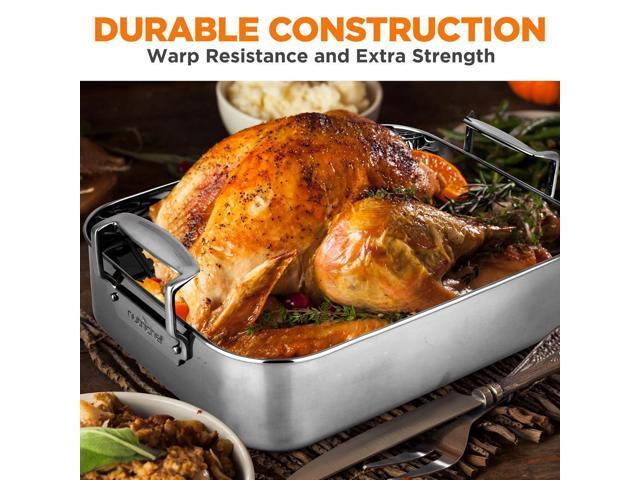NutriChef 14' Roasting Pan with Polished Rack & Cast Handle - PFOA-Free, Oven & Dishwasher Safe, up to 450°F - NCTURKSS78