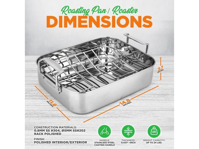 NutriChef 14' Roasting Pan with Polished Rack & Cast Handle - PFOA-Free, Oven & Dishwasher Safe, up to 450°F - NCTURKSS78