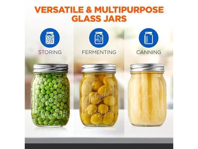 NutriChef 16-Pack 16 oz Mason Jars with Lids - Thick Glass Canning Jars with Stainless Steel Lids - Ideal for DIY Spices, Meal Prep, Overnight...
