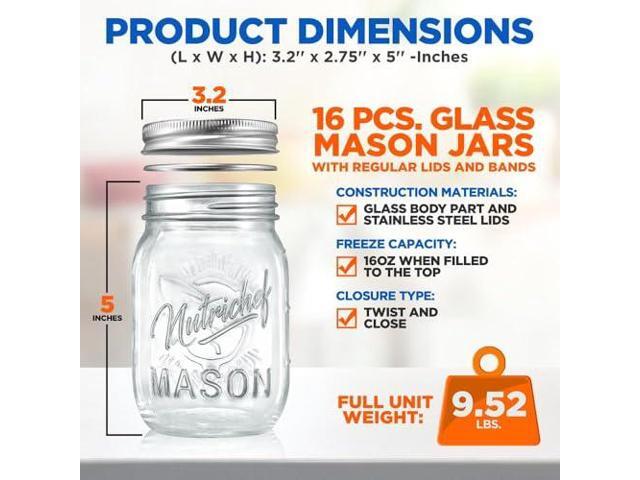 NutriChef 16-Pack 16 oz Mason Jars with Lids - Thick Glass Canning Jars with Stainless Steel Lids - Ideal for DIY Spices, Meal Prep, Overnight...