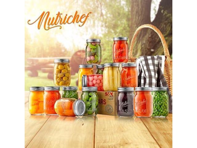 NutriChef 16-Pack 16 oz Mason Jars with Lids - Thick Glass Canning Jars with Stainless Steel Lids - Ideal for DIY Spices, Meal Prep, Overnight...