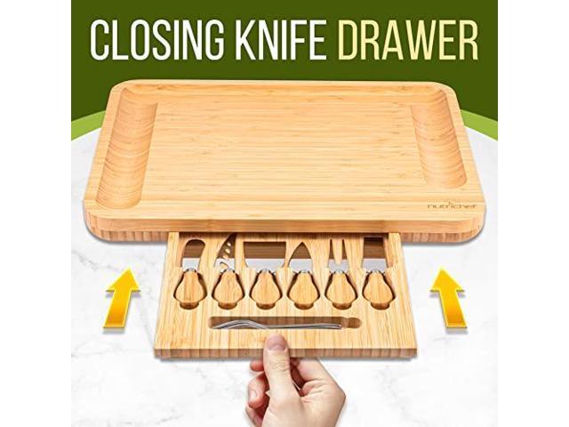NutriChef 13' Round Bamboo Charcuterie Board SetExtra Large Organic Cheese Platter with Magnetic Sliding Lid, 6 Stainless Steel Knives & Forks, and...