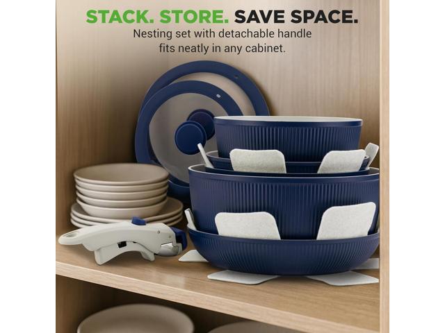 18-Piece Stylish Kitchen Cookware Set - Ceramic Nonstick Pots & Pans with Detachable Handles (Blue)
