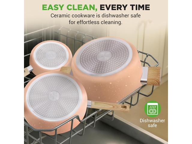 Kitchenware Pots and Pans - 14-piece Non-Stick Ceramic Induction Cookware Set with Glass Lid and Heat Resistance Lacquer with Handle (Pink)