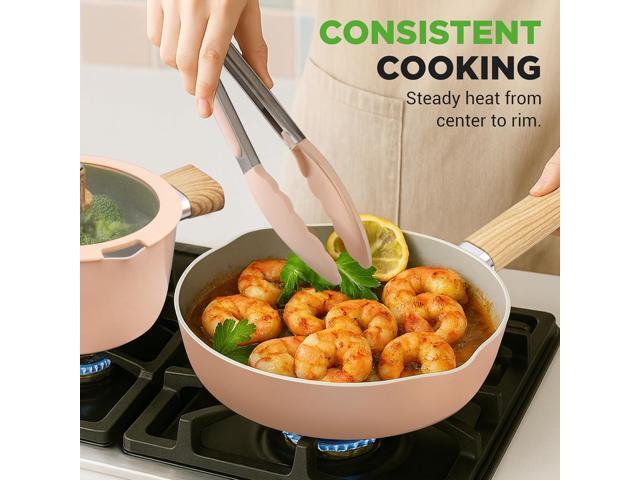 Kitchenware Pots and Pans - 14-piece Non-Stick Ceramic Induction Cookware Set with Glass Lid and Heat Resistance Lacquer with Handle (Pink)