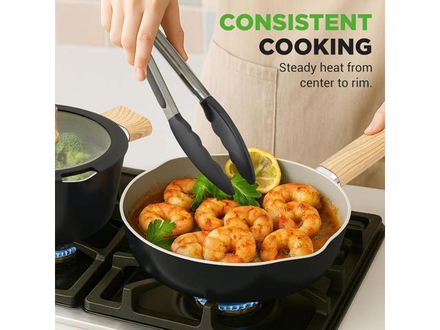 Kitchenware Pots and Pans - 14-piece Non-Stick Ceramic Induction Cookware Set with Glass Lid and Heat Resistance Lacquer with Handle (Black)
