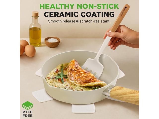 Kitchenware Pots and Pans - 14-piece Non-Stick Ceramic Induction Cookware Set with Glass Lid and Heat Resistance Lacquer with Handle (Beige)