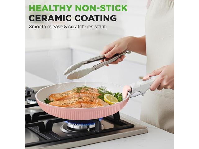 18-Piece Stylish Kitchen Cookware Set - Ceramic Nonstick Pots & Pans with Detachable Handles (Pink)