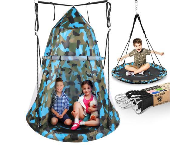 SereneLife 40' Kids Hanging Tent Swing, Outdoor Saucer Swing with Hang Kit and Swinging Swivel Spinner (Cammo)