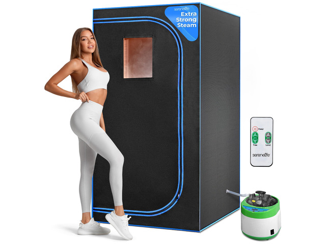 SereneLife Portable Sauna Box for Home, Steam Sauna Tent with 4L Steamer, Folding Sauna Chair, Remote Control in-Home Spa, 71' x 35' - inch (Black)