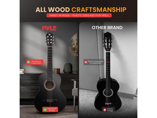 Pyle Classical Guitar Starter Kit - 34' 1/2 Size All Wood Instrument with Capo, Gig Bag, Strings, Strap, Picks (Black Gloss)