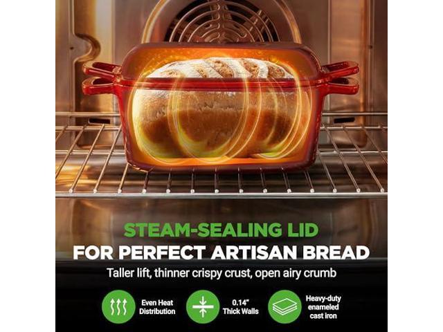 NutriChef 10' Enameled Cast Iron Bread Pan with Lid, Oval Loaf Dutch Oven with Silicone Gloves, Oven-Safe to 500°F, for Baking, Roasting, Stewing &...