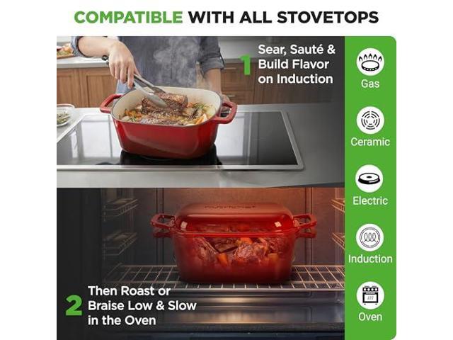 NutriChef 10' Enameled Cast Iron Bread Pan with Lid, Oval Loaf Dutch Oven with Silicone Gloves, Oven-Safe to 500°F, for Baking, Roasting, Stewing &...