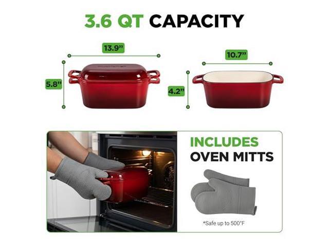 NutriChef 10' Enameled Cast Iron Bread Pan with Lid, Oval Loaf Dutch Oven with Silicone Gloves, Oven-Safe to 500°F, for Baking, Roasting, Stewing &...