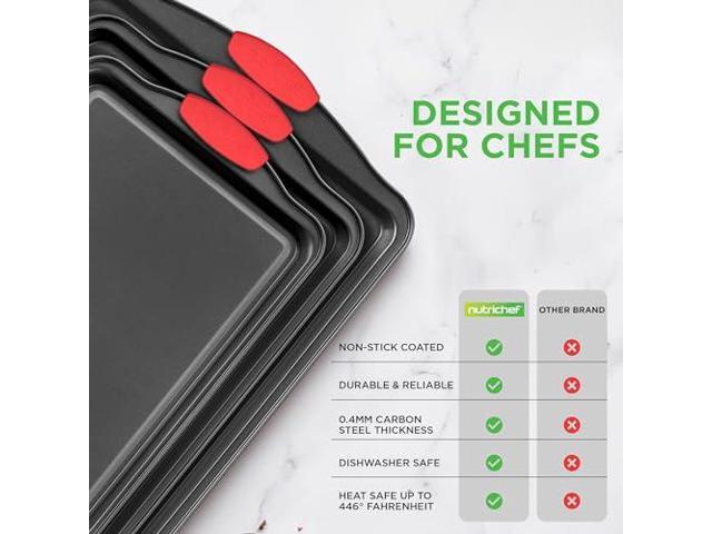 NutriChef 3-Piece Cookie Sheets for Baking, Non-Stick Baking Pans Set with Silicone Handles, Stackable Oven Trays in Small, Medium & Large Sizes...