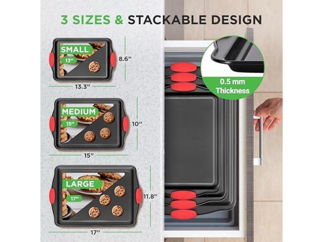 NutriChef 3-Piece Cookie Sheets for Baking, Non-Stick Baking Pans Set with Silicone Handles, Stackable Oven Trays in Small, Medium & Large Sizes...