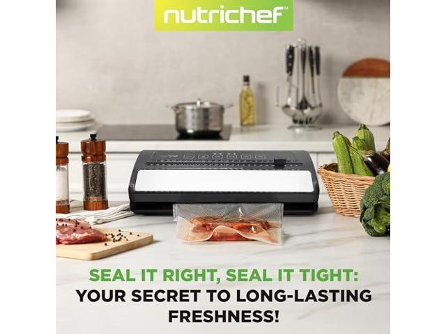NutriChef Vacuum Sealer for Food - Automatic Electric Air Sealing Preserver System with Gentle and Normal Modes, Roll Cutter, Reusable Bags, Meal...