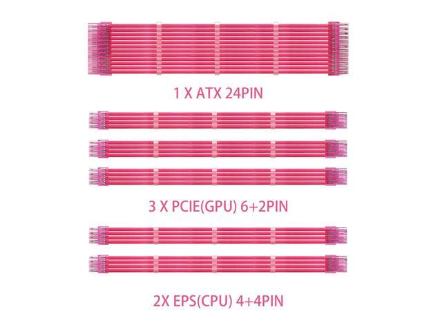 Sleeve Extension Power Supply Cable Kit 18AWG ATX 24P+ (2) EPS 8-P+ (3) PCI-E8-P with Combs for PSU to Motherboard/GPU (Pink)