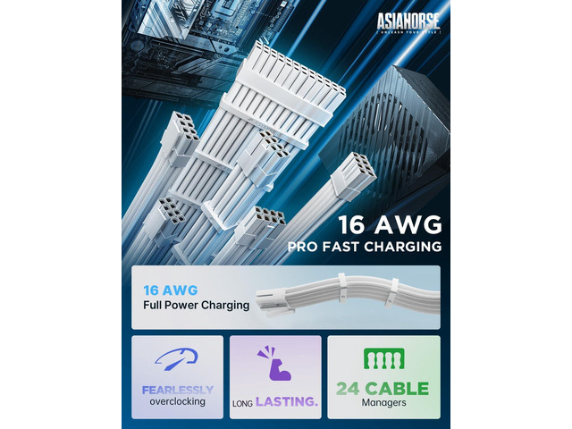 AsiaHorse Power Supply Sleeved Cable, 16 AWG PSU Extension Cable Kit of White Connector, 1x24Pin/2x4+4 EPS/3x6+2 PCI-E, 30cm Length with Combs-White