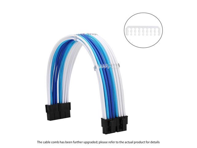Sleeve Extension Power Supply Cable Kit 18AWG ATX 24P+ EPS 8-P+PCI-E8-P with Combs for PSU to Motherboard/GPU Fm-NCK3 (White Sky Blue Deep Blue)