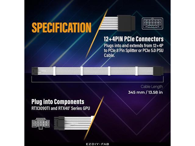EZDIY-FAB GPU Power Sleeved Cable Extension, 16pin(12+4) 12VHPWR PCIe 5.0 Connector Male to Female for RTX 3090Ti 4070Ti 4080 4090, with Cable...