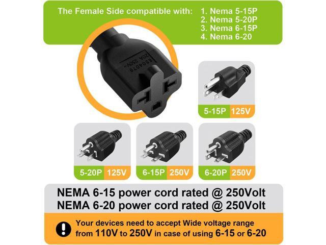 Angled [4-in-1] 12AWG 15 Amp Household Plug to 20 Amp T Blade Adapter Cable,5-15P to 5-20R,5-15P to 6-15R,5-15P to 6-20R, Four-in-One Adapter,15A...