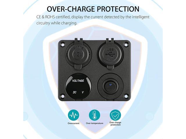 Linkstyle 4 in 1 Charger Socket Panel, 12V Dual USB A Charger Port, Cigarette Lighter Socket, LED Voltmeter & ON Off Rocker Toggle Switch Car...