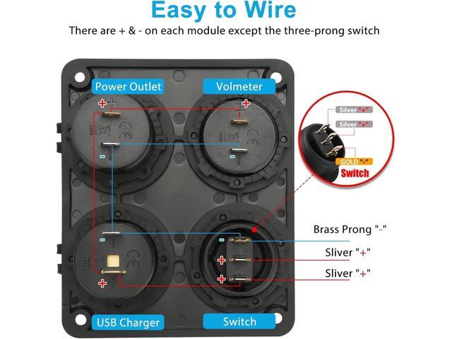 Linkstyle 4 in 1 Charger Socket Panel, 12V Dual USB A Charger Port, Cigarette Lighter Socket, LED Voltmeter & ON Off Rocker Toggle Switch Car...