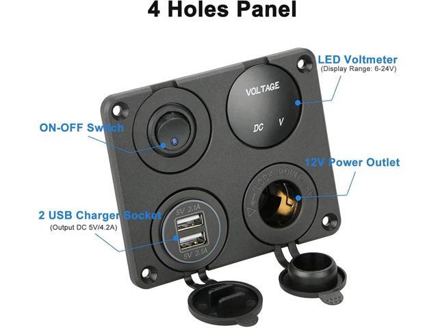 Linkstyle 4 in 1 Charger Socket Panel, 12V Dual USB A Charger Port, Cigarette Lighter Socket, LED Voltmeter & ON Off Rocker Toggle Switch Car...