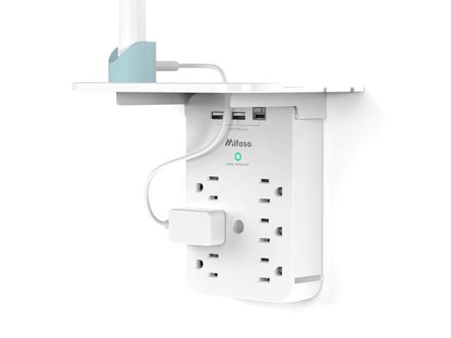 Wall Outlet Extender with Surge Protector, 6 AC Outlets, Shelf, 2 USB & USB C Charging Ports - Home & Dorm Plug Expander