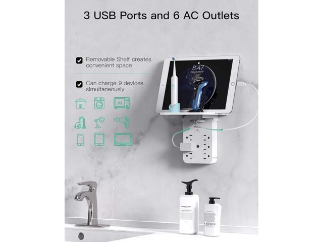 Wall Outlet Extender with Surge Protector, 6 AC Outlets, Shelf, 2 USB & USB C Charging Ports - Home & Dorm Plug Expander