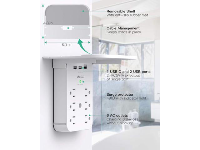 Wall Outlet Extender with Surge Protector, 6 AC Outlets, Shelf, 2 USB & USB C Charging Ports - Home & Dorm Plug Expander