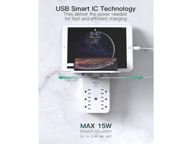 Wall Outlet Extender with Surge Protector, 6 AC Outlets, Shelf, 2 USB & USB C Charging Ports - Home & Dorm Plug Expander