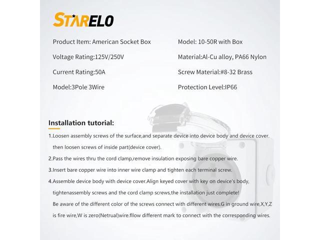 STARELO 50Amp Power Outlet Box,NEMA 10-50R Receptacle 125/250Volt,Outdoor dustproof and Weatherproof. No Grounding, Outlet for RV,EV,Heavy Duty...