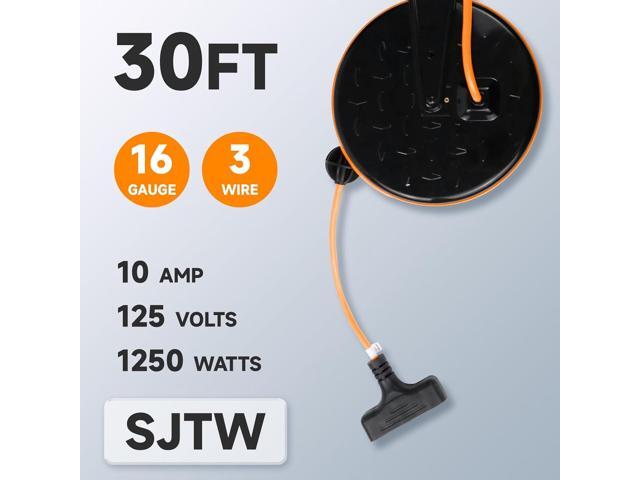 EP 30 Ft Retractable Extension Cord Reel, 16/3 SJTW Power Cord with 3 Electrical Outlets, Ceiling or Wall Mount, 10 Amp Circuit Breaker, Metal...