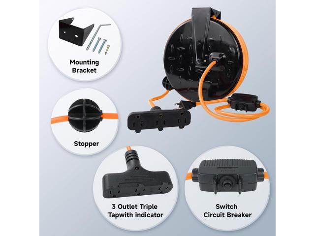 EP 30 Ft Retractable Extension Cord Reel, 16/3 SJTW Power Cord with 3 Electrical Outlets, Ceiling or Wall Mount, 10 Amp Circuit Breaker, Metal...