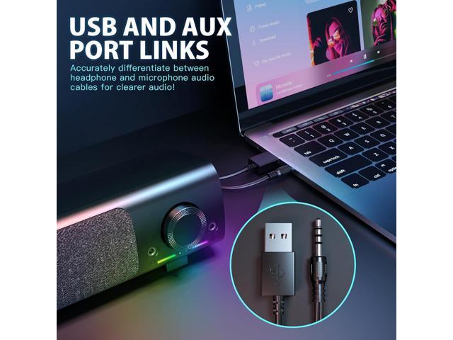 Computer Speakers, USB Powered 3.5mm AUX PC Sound Bar for Desktop Monitor, Gaming Speakers with Headphones & Microphone Link, Superb Stereo Sound,...
