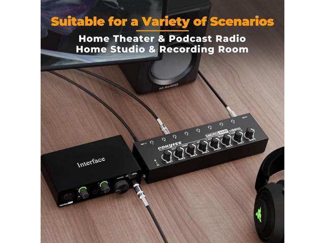 8-Channel Headphone Amplifier with 9 Adapters - Portable Ultra-Low Noise Multi-Port Stereo Headphone Distributor (8 Output/1 Input) for Recording...
