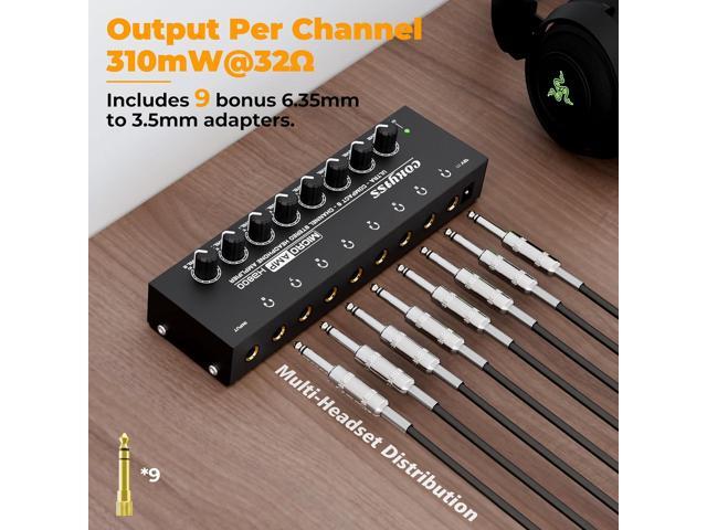 8-Channel Headphone Amplifier with 9 Adapters - Portable Ultra-Low Noise Multi-Port Stereo Headphone Distributor (8 Output/1 Input) for Recording...