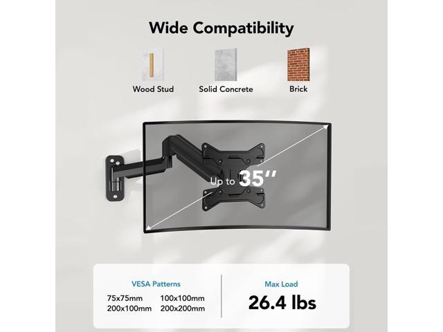 HUANUO Computer Monitor Wall Mount for 22 to 35 inch Flat Curved Screens, Single Wall Mount Monitor Arm Holds up to 26.4lbs, Height Adjustable Full...