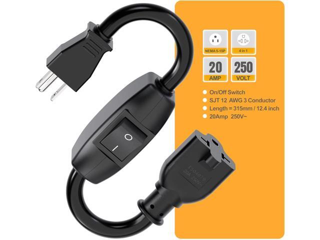 Heavy Duty On/Off Switch Extension Cord 12-AWG 15A Household Plug Male to Female T Blade Adapter Cable with Heavy Duty Double Break 20A 125V Inline...