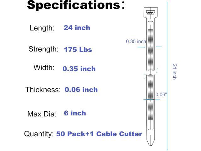 24 Inch Cable Zip Ties Heavy Duty (with Wire Cable Cutters), Strong Large Black Zip Ties with 175 Pounds Tensile Strength, 50 Pack, Long Durable...